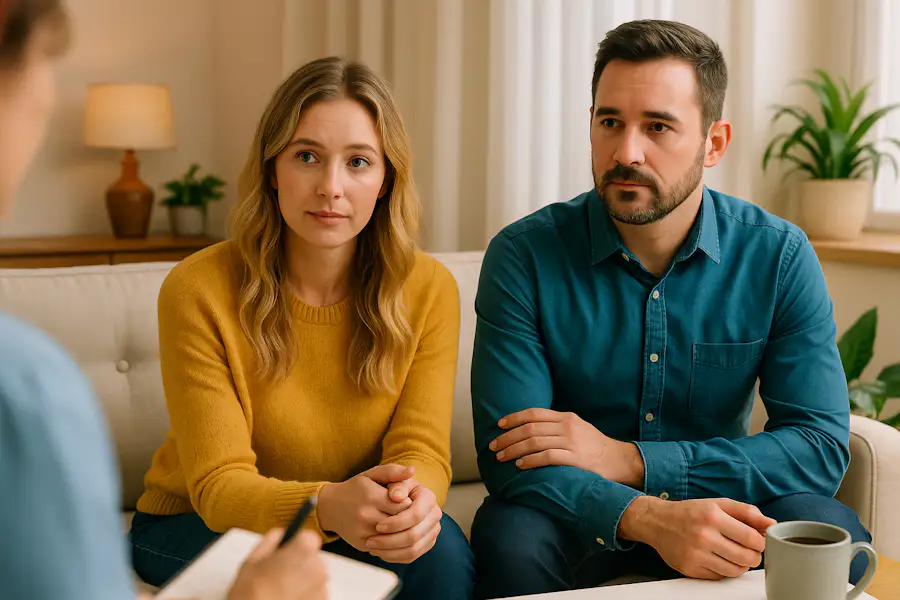 Two people sit on a couch, attentively listening to another person. Notepad and pen visible, suggesting a counseling or consultation session.