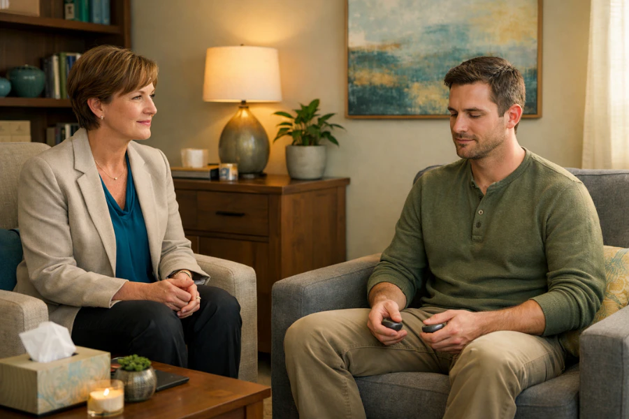 Therapist and adult client seated across from each other in a calm, light-filled therapy office, the client holding small tactile objects while the therapist listens attentively.