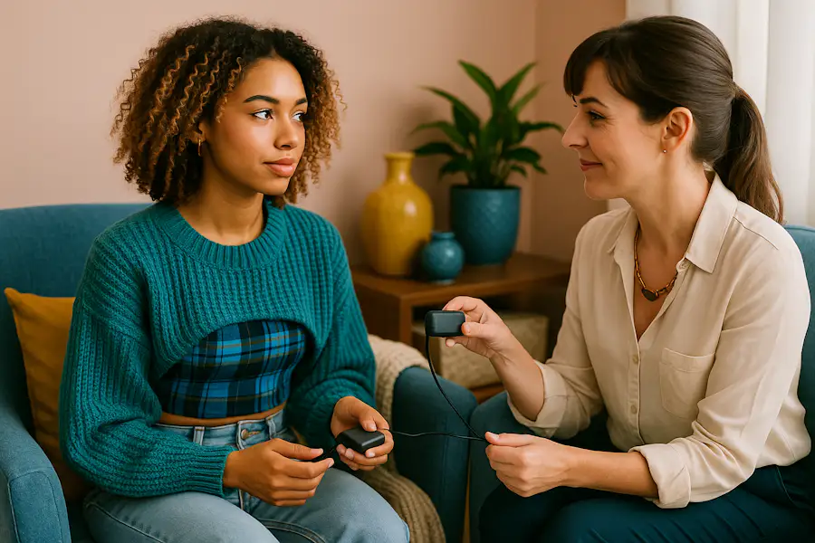 Two people seated, one holding a device connected by a wire. Background has a decorative vase, plant, and cushions, creating a cozy setting.