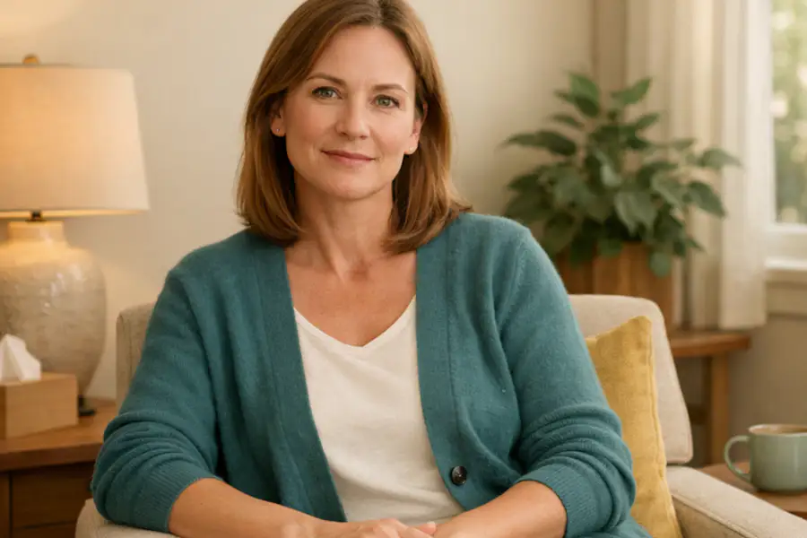 A person sits calmly in a softly lit therapy office, appearing grounded and reflective in a warm, professional setting.