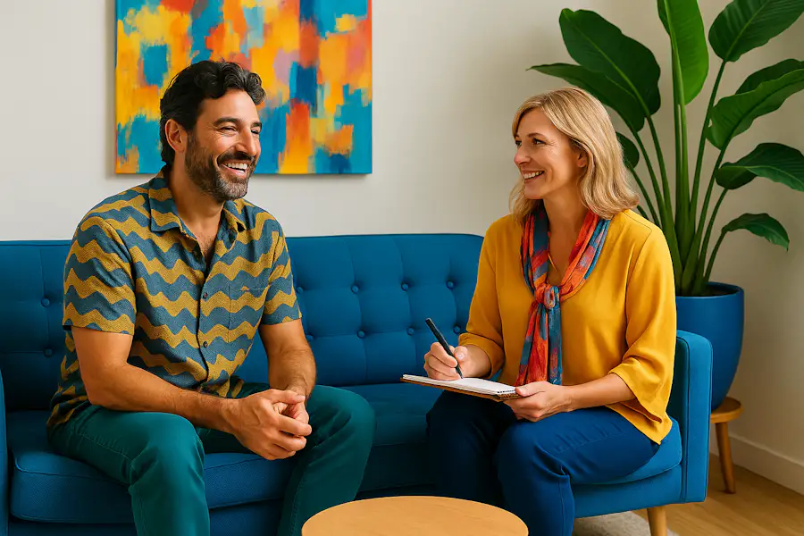 Two people sitting on a blue couch, smiling in conversation. Colorful abstract painting and large plant in the background, creating a cozy atmosphere.