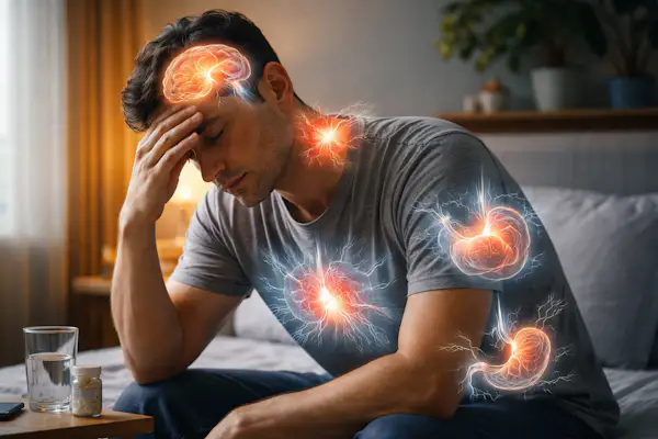 Man sitting on a bed holding his head, with subtle scientific-style overlays highlighting the brain and body to represent the physical effects of chronic stress and emotional strain.