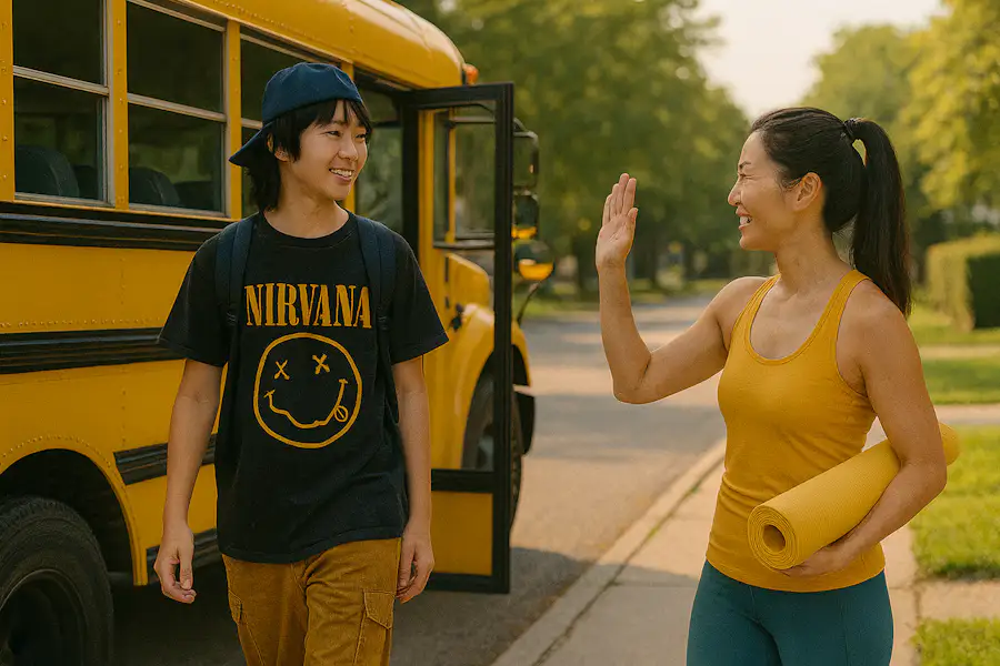 mother dropping son off at school bus