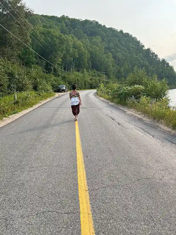A person walks on a winding road lined with lush trees and a parked car, near a serene, scenic lake.