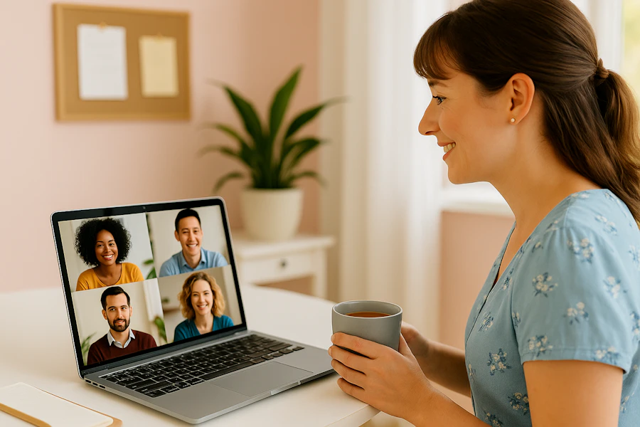 A person with a mug participates in a video call on a laptop, featuring four other people, while sitting in a bright, cozy room.