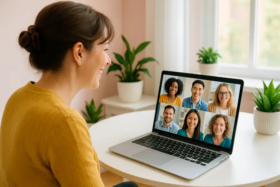 A person in a yellow top participates in a video call on a laptop, featuring six smiling participants, with plants in the background.