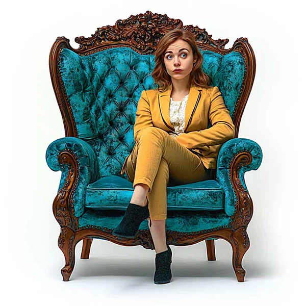 A person in a yellow suit sits thoughtfully on an ornate, teal armchair against a plain backdrop.