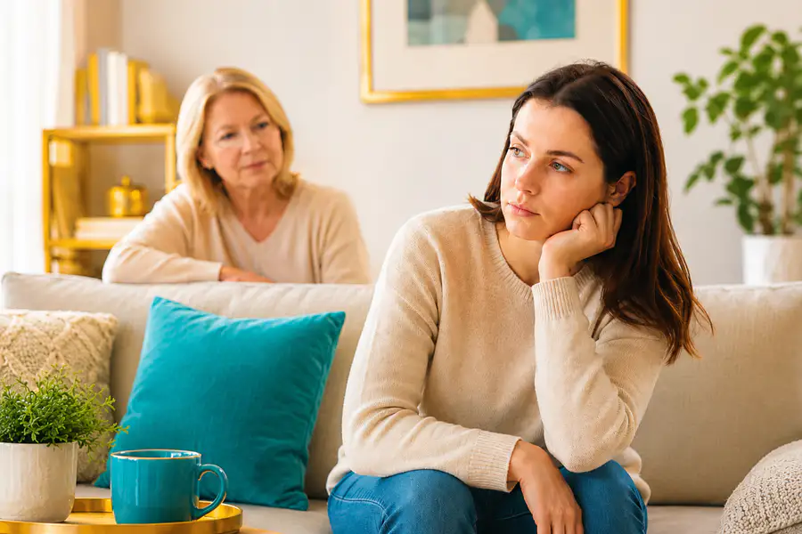 Adult daughter sitting thoughtfully in a bright living room while an older parent sits in the background, suggesting tension in a parent-child relationship.