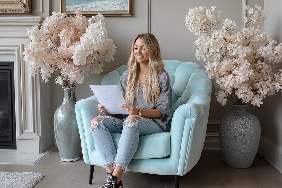 A person in a cozy room reads paper, sitting on a blue armchair, flanked by large vases of delicate white flowers.