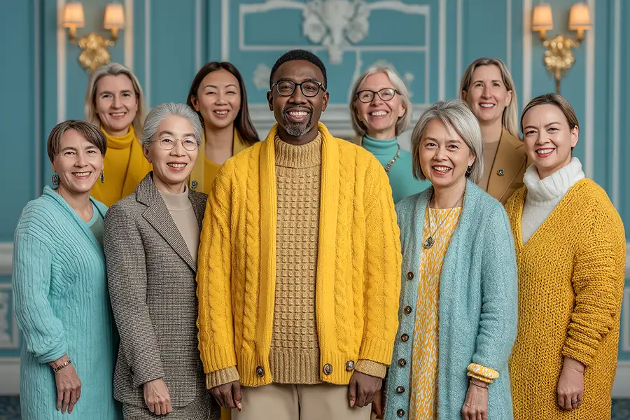 Nine people in colorful sweaters smile in a tastefully decorated room with blue walls and ornate lighting fixtures.