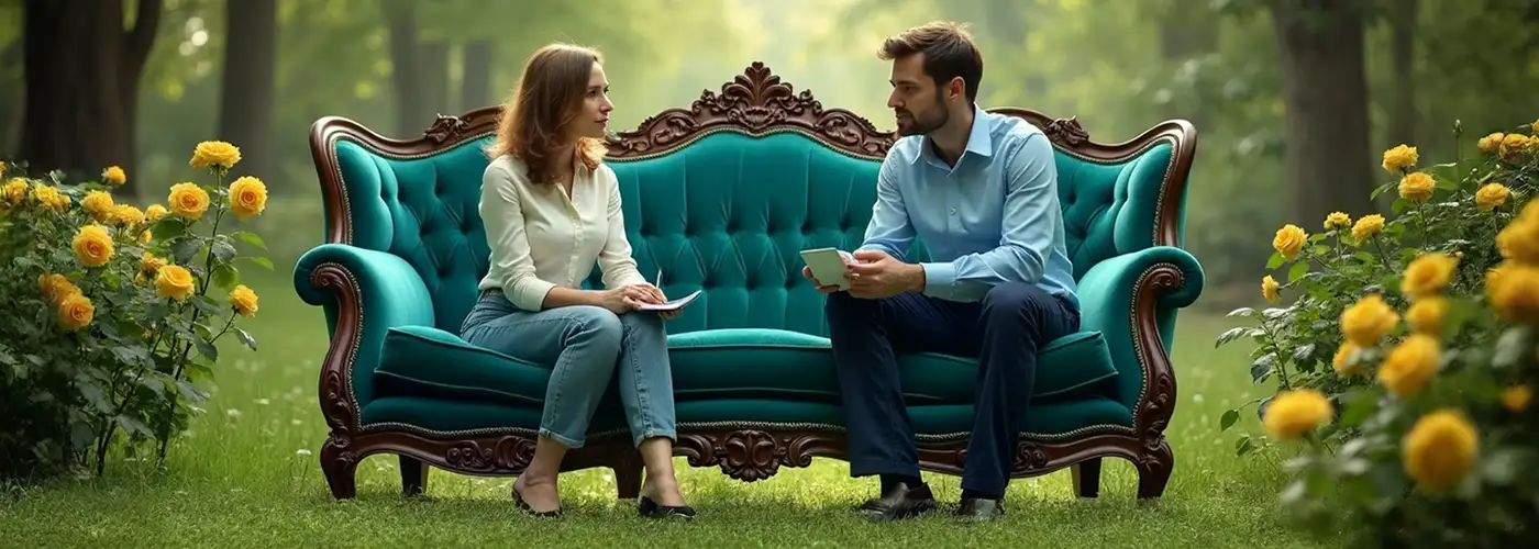 Two people converse on a vintage teal sofa in a garden, surrounded by yellow roses and lush greenery.