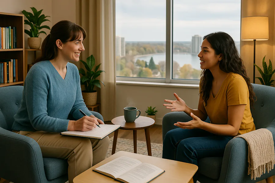 Two people engage in conversation in a cozy living room. A large window reveals a scenic view with lake and high-rise buildings.
