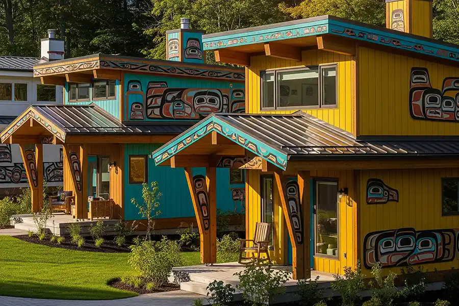 Colorful buildings adorned with Indigenous art, featuring totemic patterns and vibrant designs. Lush greenery surrounds the structures, creating a serene environment.