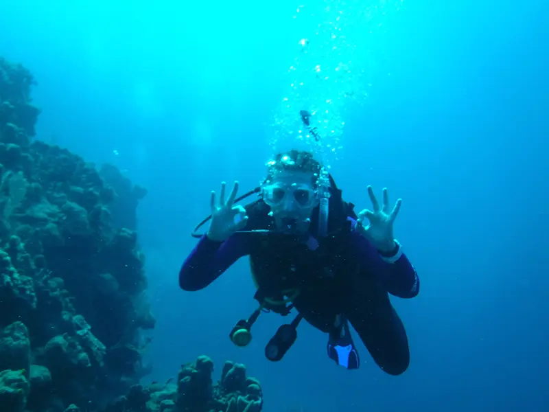 A person in scuba gear signals underwater, surrounded by coral formations against a clear blue ocean backdrop.