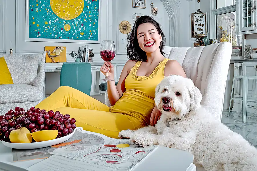 A person in a yellow outfit enjoys wine with a fluffy dog, surrounded by art, grapes, and lemons in a modern room.