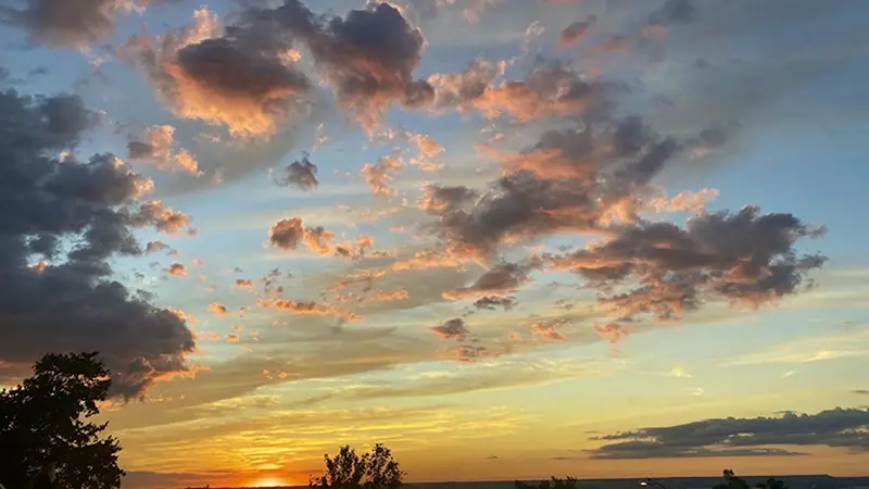 A vibrant sunset with scattered clouds paints the sky above silhouetted trees, creating a tranquil and colorful evening scene.