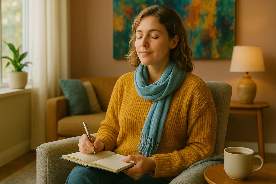 A person with a blue scarf meditatively writes in a notebook while sitting in a cozy room, with a cup of coffee nearby.