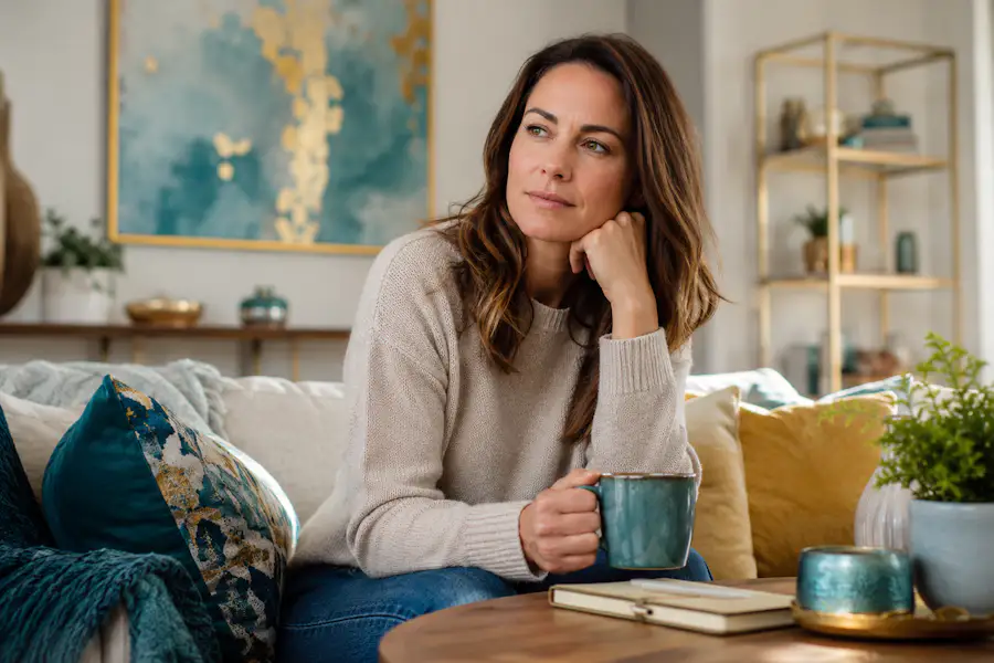 Woman sitting thoughtfully in a calm living room with teal and gold accents, holding a mug beside a journal, reflecting on emotional reactions and self-understanding.