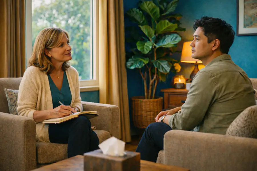 Female therapist sitting in a cozy, warmly lit office, holding a notebook on her lap and looking attentively at an Asian male client seated across from her. The client gazes thoughtfully out a nearby window. The room features teal walls, golden light, soft armchairs, and a large leafy plant, creating a calm and empathetic therapy setting.