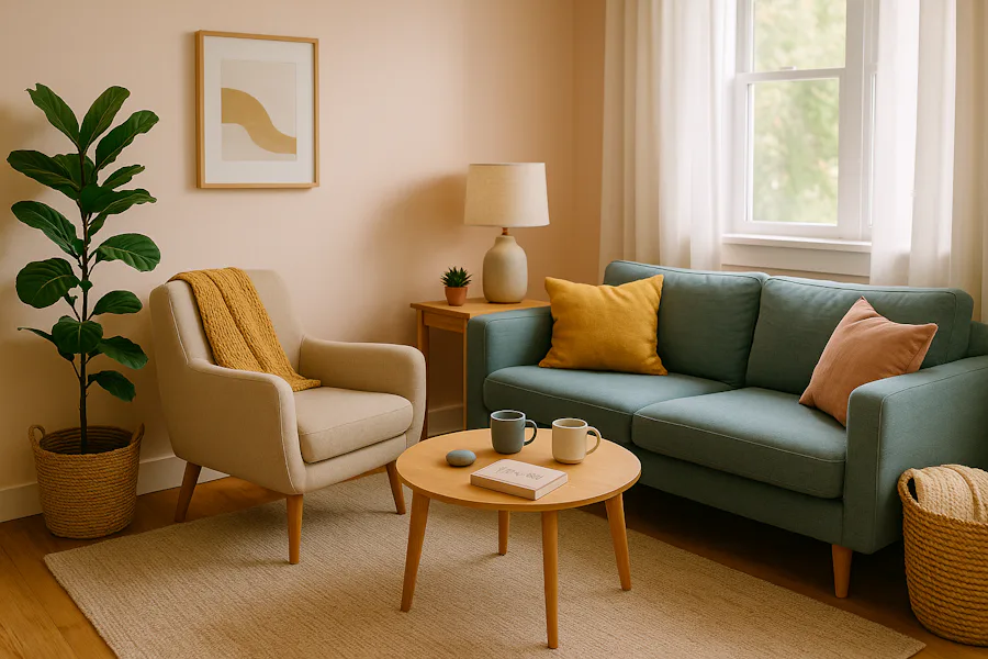 Cozy living room with blue sofa, beige armchair, coffee table, and decorative plants. Warm tones and minimalist decor create a relaxing atmosphere.